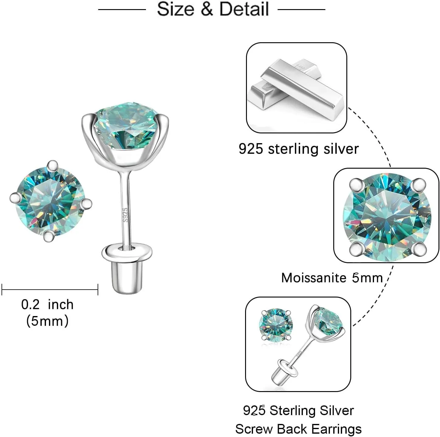 Moissanite Screw Back Earrings Studs - 0.6CT-2CT Moissanite Earrings for Women 925 Sterling Silver Piercing Real Colorful Moissan Hypoallergenic Jewelry Ear Stud Gifts