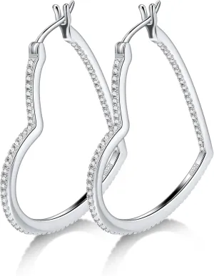 Moissanite Sterling Silver Hoop Earrings for Women, 925 hypoallergenic Large Silver Heart Shaped Lightweight Dangle Drop Huggie Earrings, 30mm