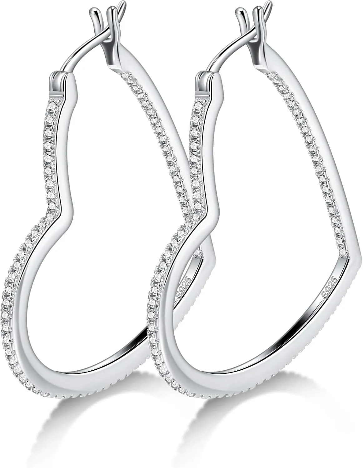 Moissanite Sterling Silver Hoop Earrings for Women, 925 hypoallergenic Large Silver Heart Shaped Lightweight Dangle Drop Huggie Earrings, 30mm