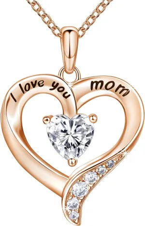 Mom Necklace - 925 Sterling Silver Heart Necklace for Women - Engraved 'I Love You' - Mom Gifts from Daughter