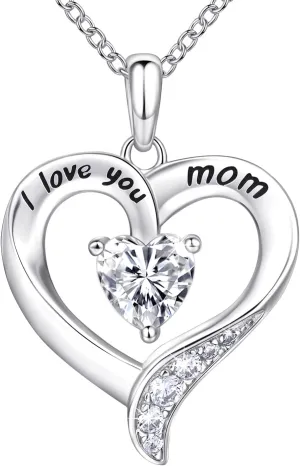 Mom Necklace - 925 Sterling Silver Heart Necklace for Women - Engraved 'I Love You' - Mom Gifts from Daughter