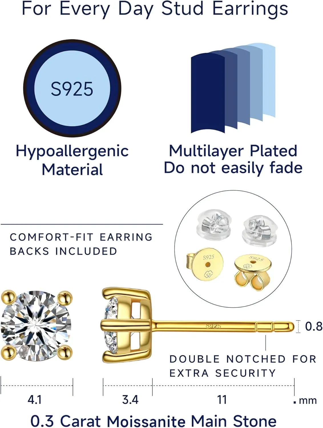 MomentWish 14K Gold Plated Stud Earrings, Birthday Gifts for Women, 1-2Carat Moissanite Earrings, Lab Created Diamond Earrings, Yellow/Rose Gold Plated 925 Sterling Silver Earrings Women Men
