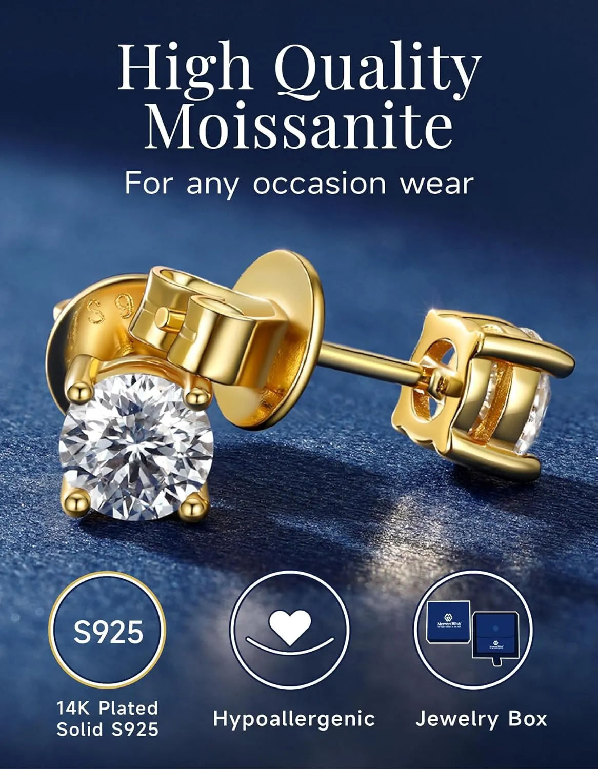 MomentWish 14K Gold Plated Stud Earrings, Birthday Gifts for Women, 1-2Carat Moissanite Earrings, Lab Created Diamond Earrings, Yellow/Rose Gold Plated 925 Sterling Silver Earrings Women Men