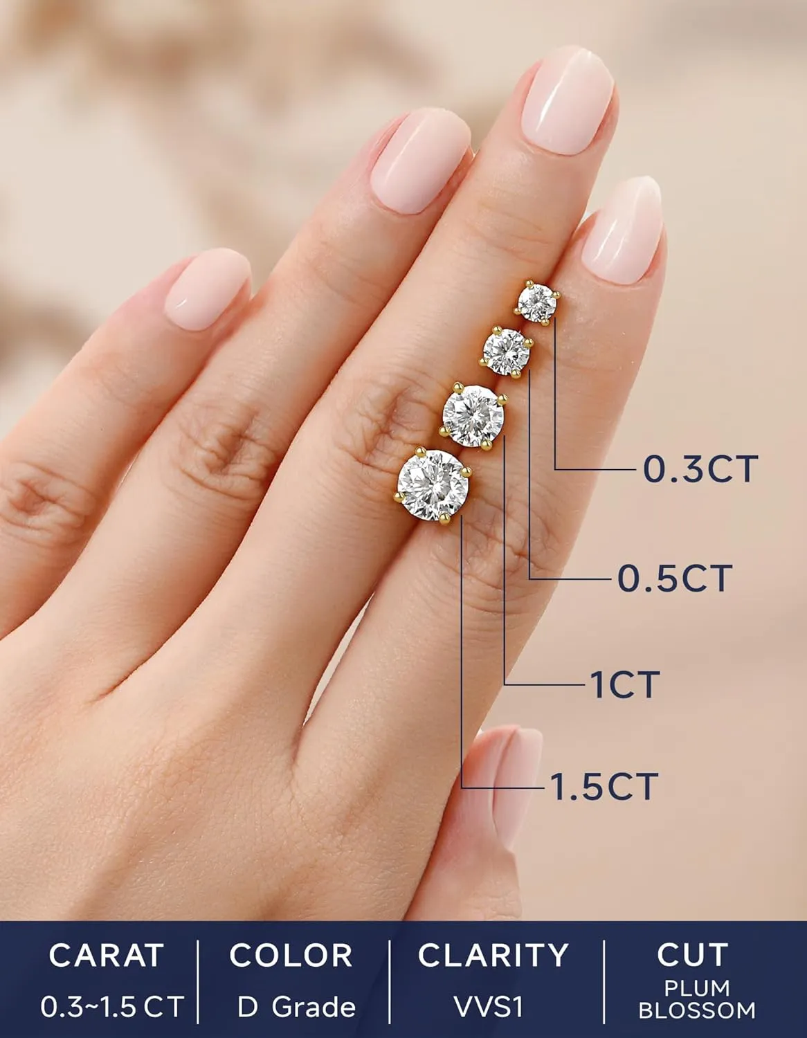 MomentWish 14K Gold Plated Stud Earrings, Birthday Gifts for Women, 1-2Carat Moissanite Earrings, Lab Created Diamond Earrings, Yellow/Rose Gold Plated 925 Sterling Silver Earrings Women Men
