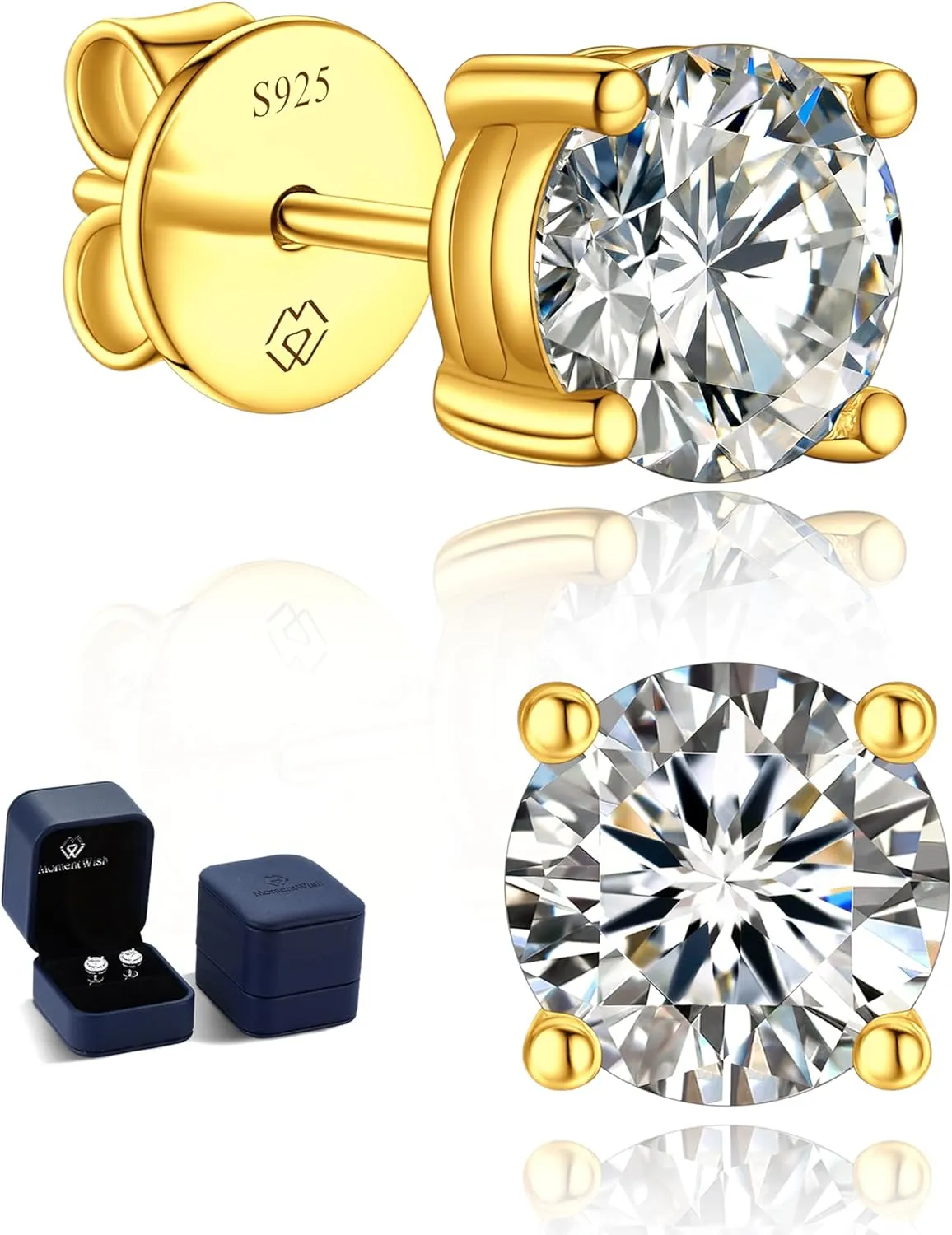 MomentWish 14K Gold Plated Stud Earrings, Birthday Gifts for Women, 1-2Carat Moissanite Earrings, Lab Created Diamond Earrings, Yellow/Rose Gold Plated 925 Sterling Silver Earrings Women Men