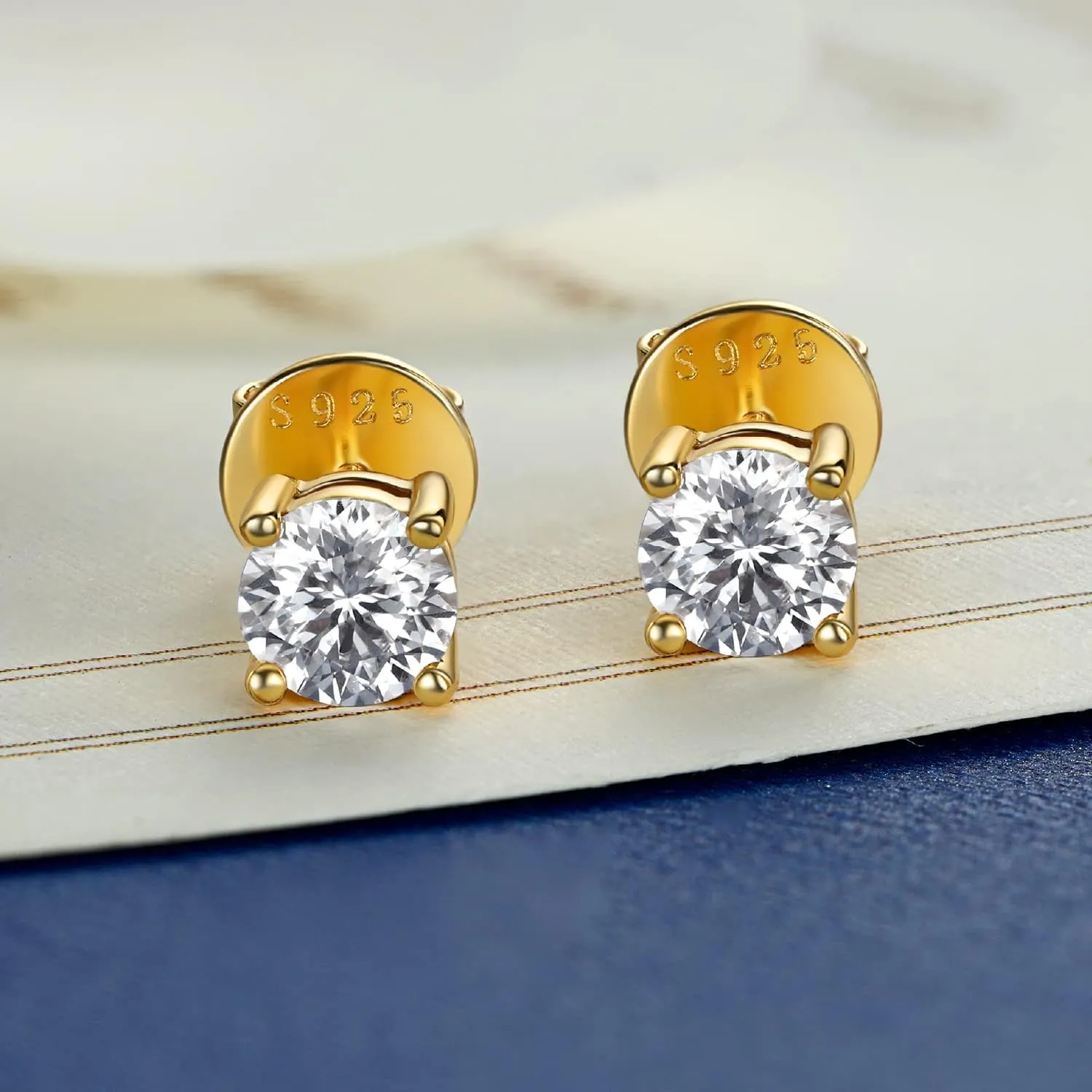 MomentWish 14K Gold Plated Stud Earrings, Birthday Gifts for Women, 1-2Carat Moissanite Earrings, Lab Created Diamond Earrings, Yellow/Rose Gold Plated 925 Sterling Silver Earrings Women Men