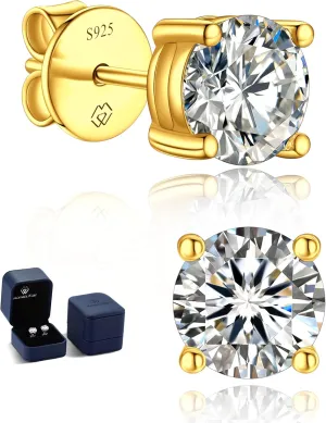 MomentWish 14K Gold Plated Stud Earrings, Birthday Gifts for Women, 1-2Carat Moissanite Earrings, Lab Created Diamond Earrings, Yellow/Rose Gold Plated 925 Sterling Silver Earrings Women Men