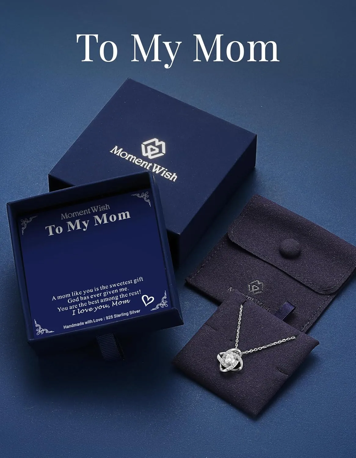 MomentWish Love Knot Necklace, Mother's Day Gift for Women, 1 Carat Simulated Moissanite Necklaces for Women 925 Sterling Silver Pendant for Wife Birthday Anniversary Christmas Gifts