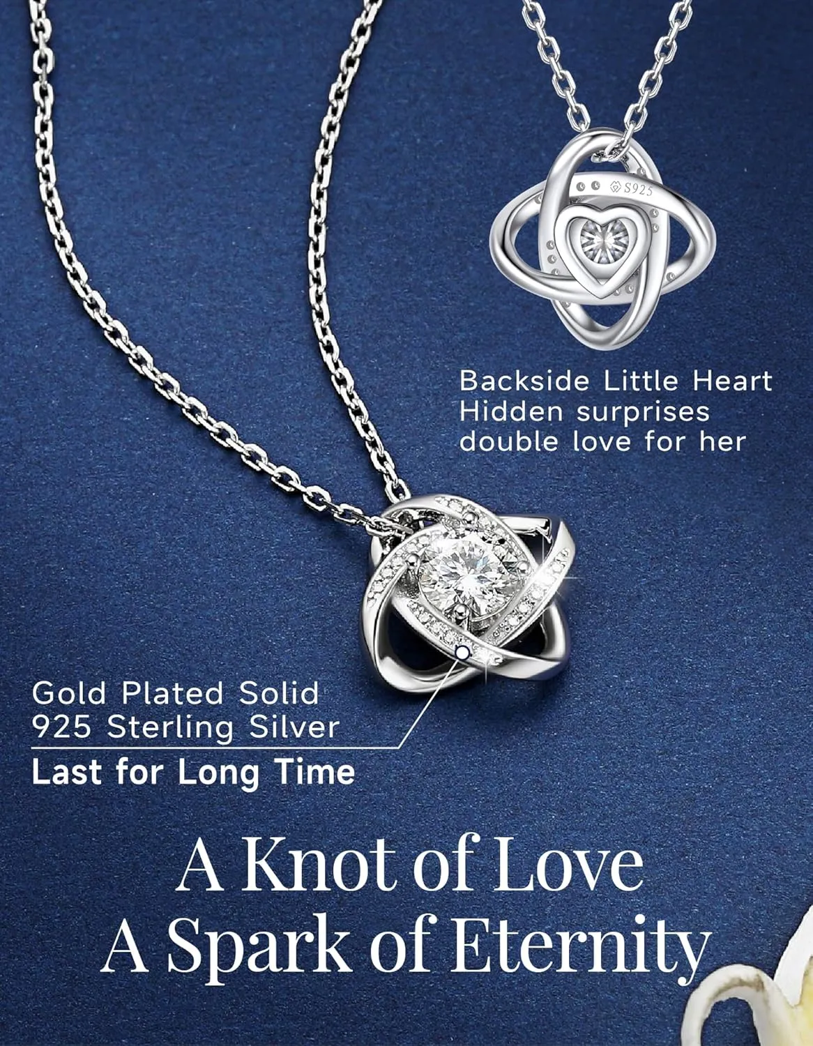 MomentWish Love Knot Necklace, Mother's Day Gift for Women, 1 Carat Simulated Moissanite Necklaces for Women 925 Sterling Silver Pendant for Wife Birthday Anniversary Christmas Gifts