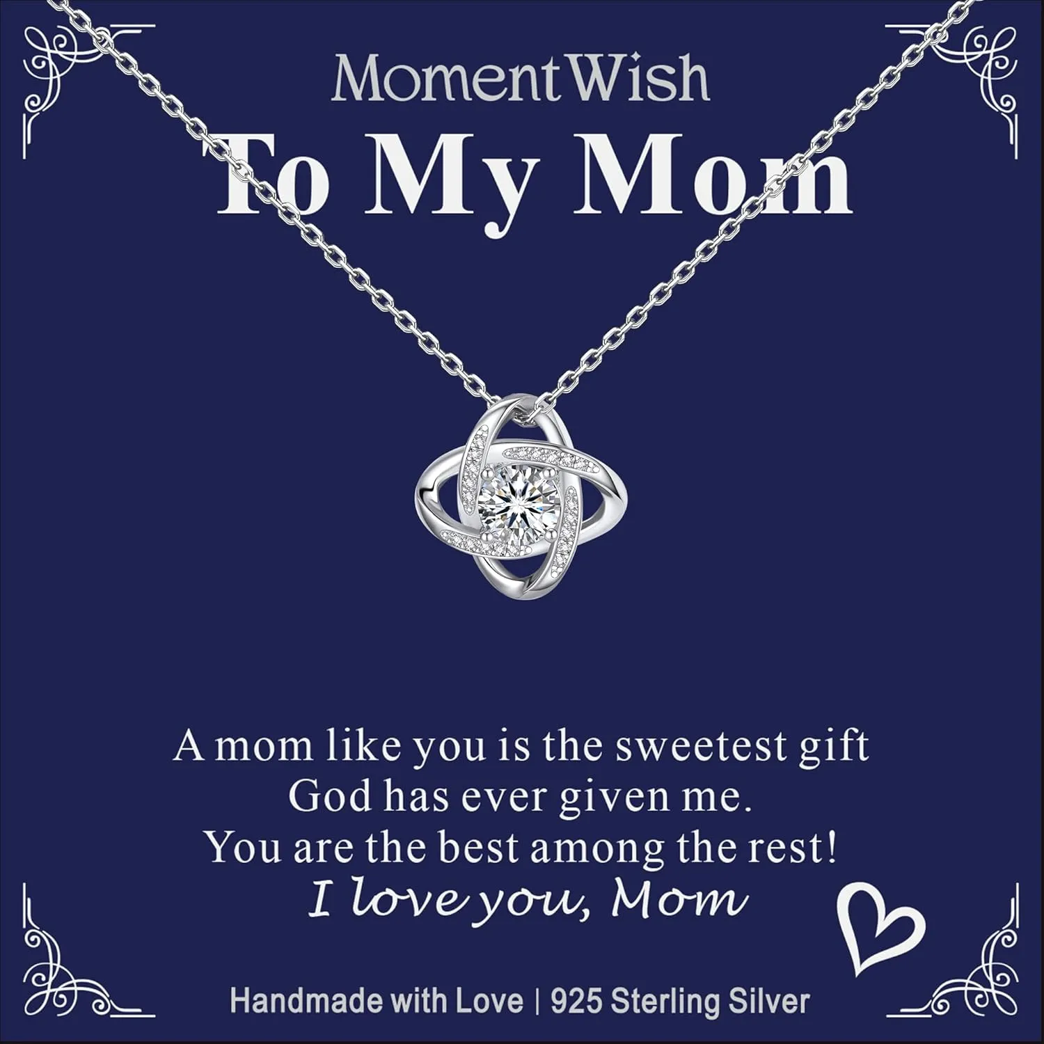 MomentWish Love Knot Necklace, Mother's Day Gift for Women, 1 Carat Simulated Moissanite Necklaces for Women 925 Sterling Silver Pendant for Wife Birthday Anniversary Christmas Gifts
