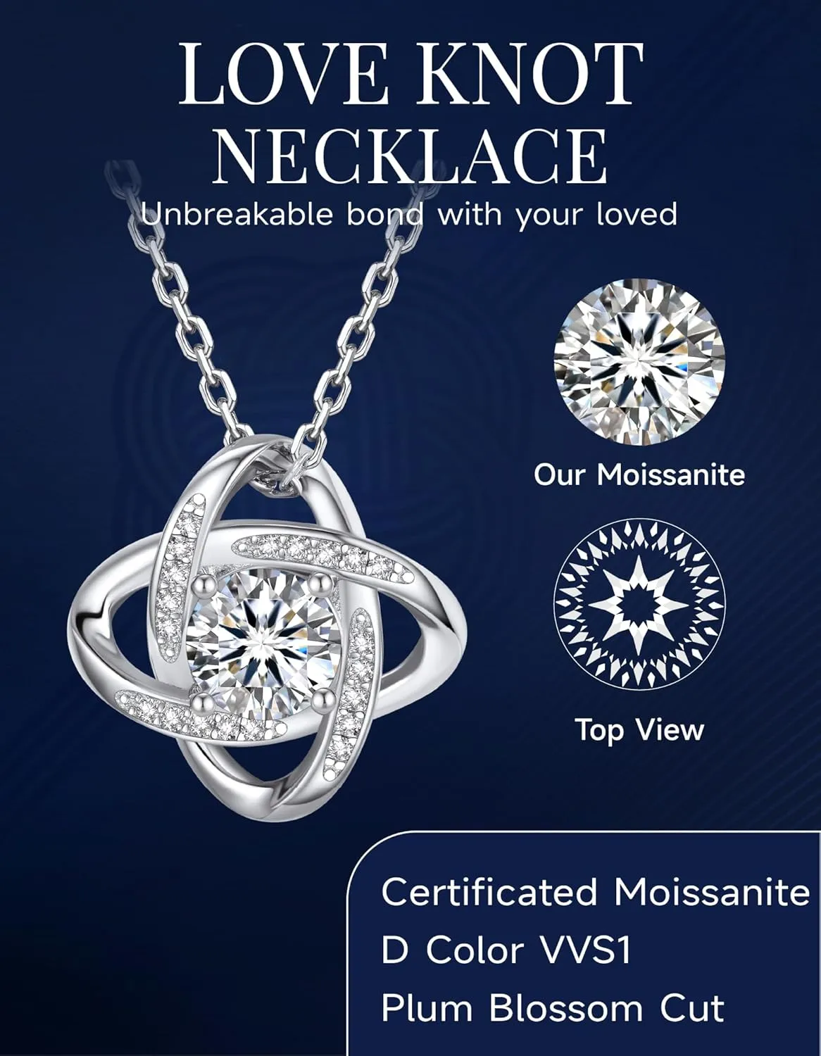 MomentWish Love Knot Necklace, Mother's Day Gift for Women, 1 Carat Simulated Moissanite Necklaces for Women 925 Sterling Silver Pendant for Wife Birthday Anniversary Christmas Gifts