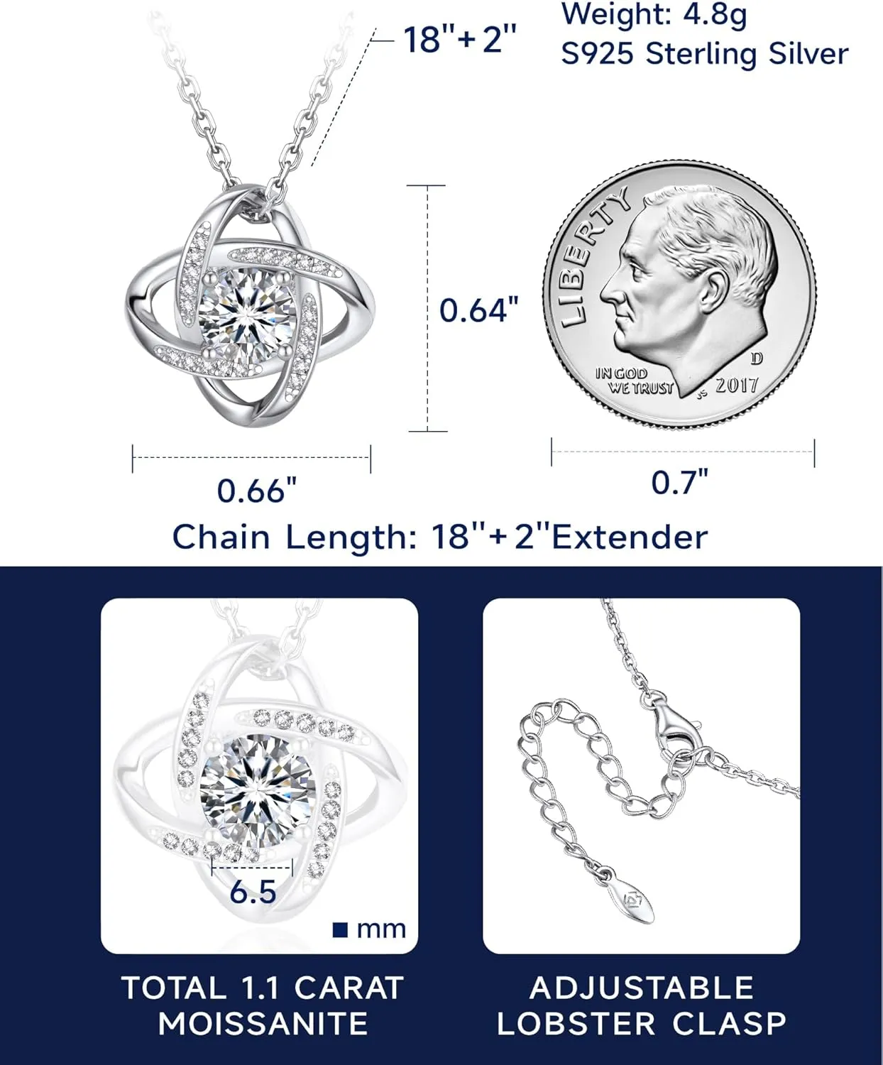 MomentWish Love Knot Necklace, Mother's Day Gift for Women, 1 Carat Simulated Moissanite Necklaces for Women 925 Sterling Silver Pendant for Wife Birthday Anniversary Christmas Gifts