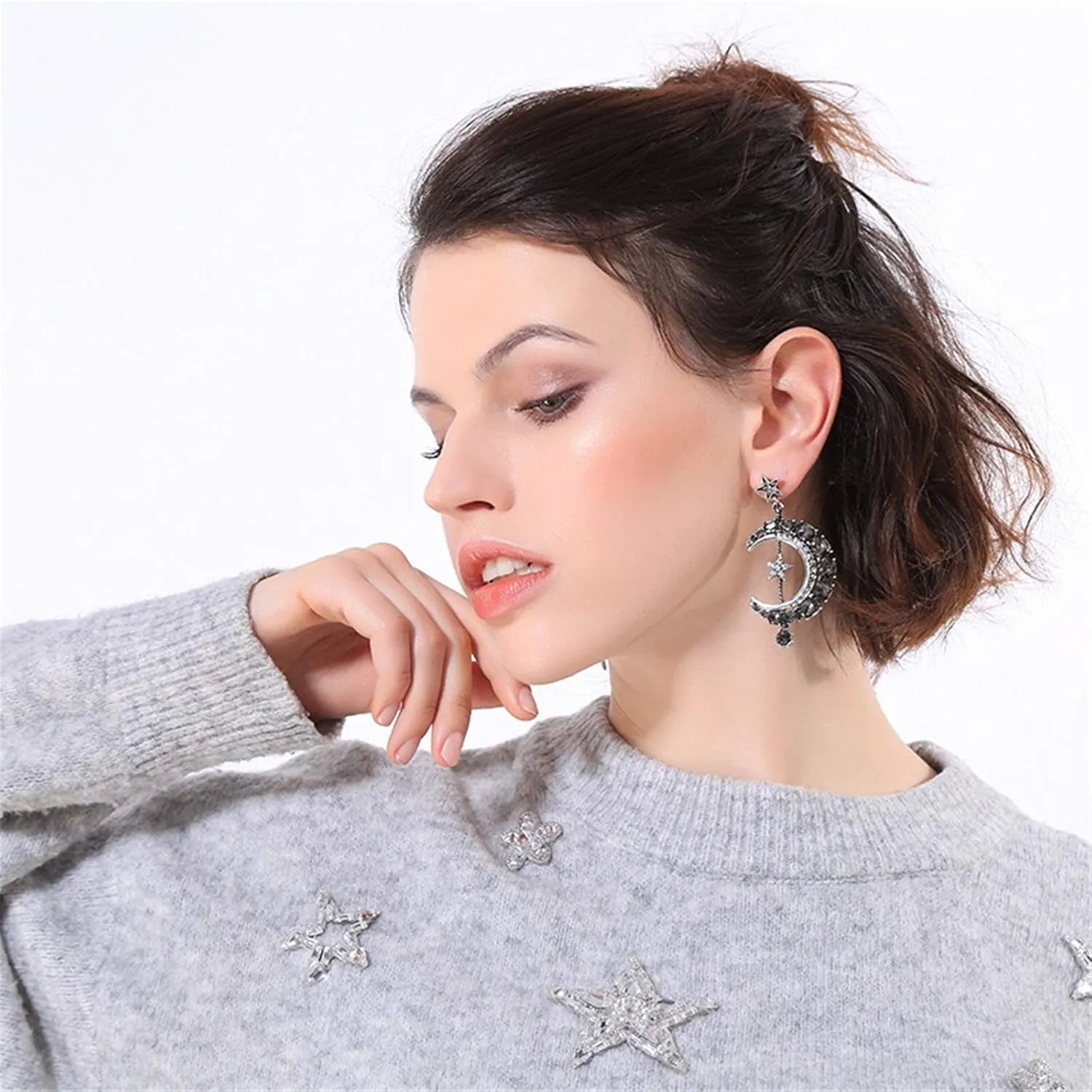 Moon and Star Earrings, Bohemian Asymmetrical Sun Moon Star Dangle Earrings Fashion Long Drop Dangle Stud Earrings Punk Jewelry Gifts for Women