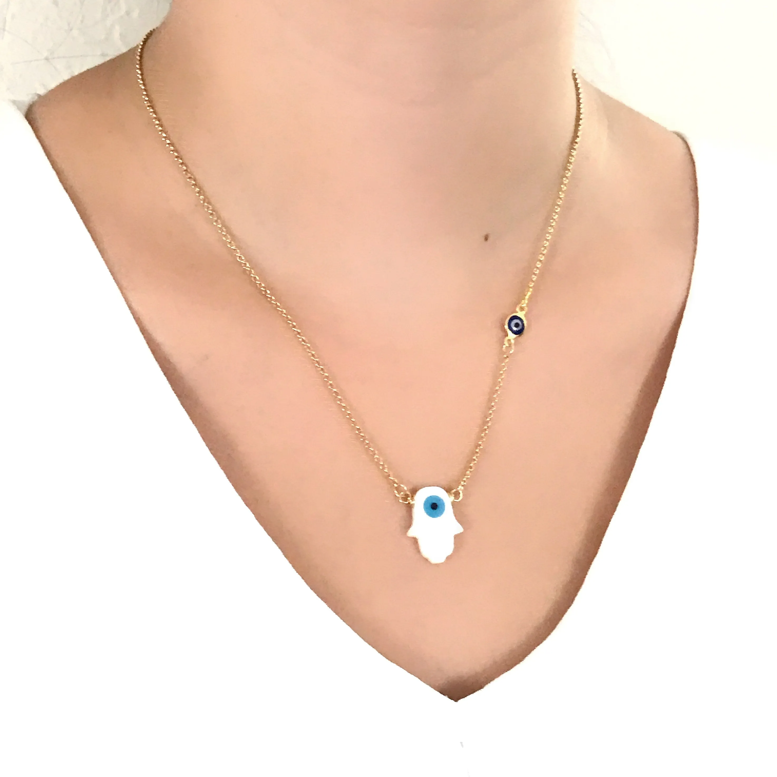 Mother of Pearl Hamsa Necklace Evil Eye Chain Pendant