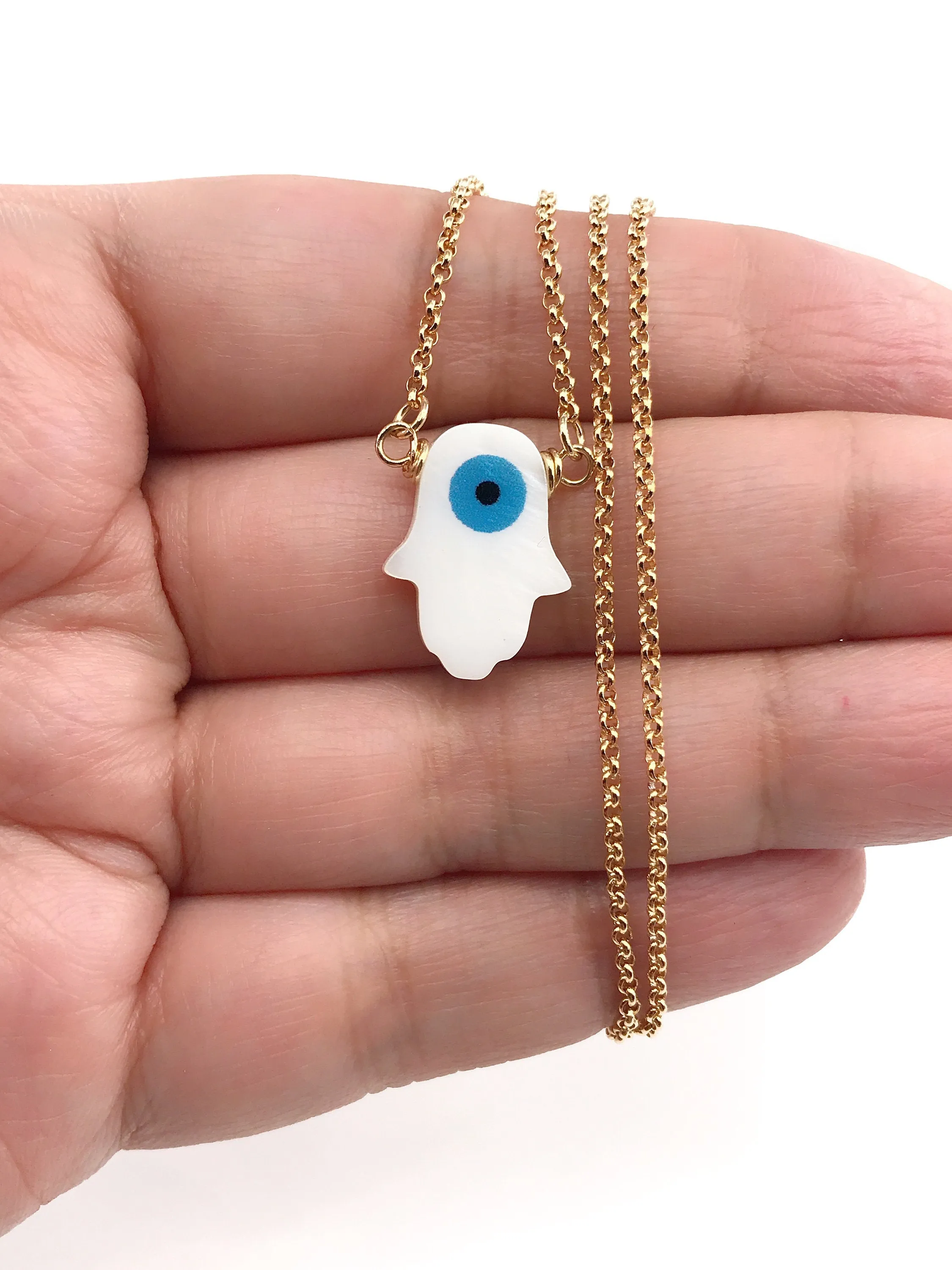 Mother of Pearl Hamsa Necklace Evil Eye Chain Pendant