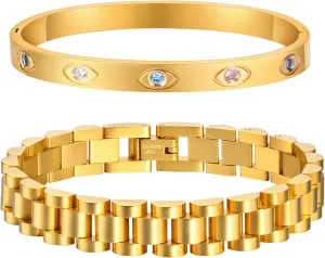 MPRAINBOW 2pcs Gold Chain Link Bracelet, Stainless Steel Crystal Friendship Bracelets Bangle,Watch Band Chains Wristband Jewelry with Adjust Tool