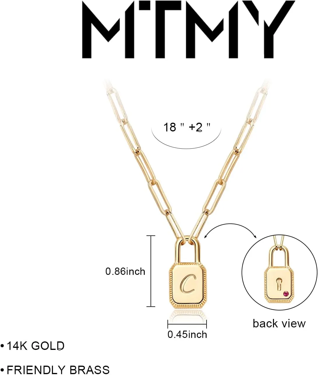 MTMY Lock Necklace, 14K Gold Plated Adjustable Paperclip Chain Dainty Lock Pendant Necklace Personalized Engraved Letter Jewelry for Women