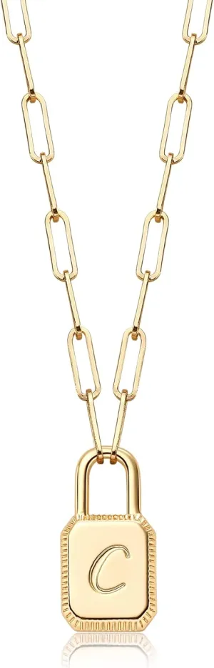 MTMY Lock Necklace, 14K Gold Plated Adjustable Paperclip Chain Dainty Lock Pendant Necklace Personalized Engraved Letter Jewelry for Women