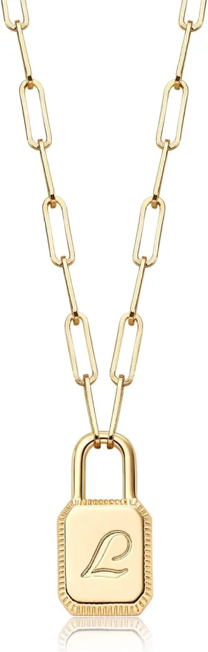 MTMY Lock Necklace, 14K Gold Plated Adjustable Paperclip Chain Dainty Lock Pendant Necklace Personalized Engraved Letter Jewelry for Women