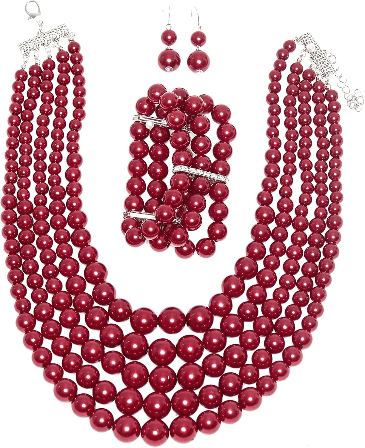Multi Layer Pearl Strand Costume Jewelry Sets Necklace Bracelet and Earrings Jewelry Set