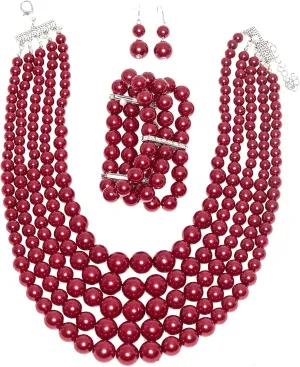 Multi Layer Pearl Strand Costume Jewelry Sets Necklace Bracelet and Earrings Jewelry Set