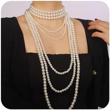 Multilayer 1920s Pearls Necklace Fashion Faux Pearls Layered Necklace Accessories Vintage Costume Black Cream Long Choker Necklace for Women 4Pcs