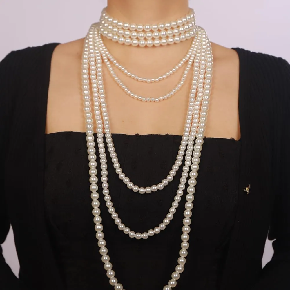 Multilayer 1920s Pearls Necklace Fashion Faux Pearls Layered Necklace Accessories Vintage Costume Black Cream Long Choker Necklace for Women 4Pcs
