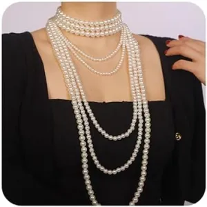 Multilayer 1920s Pearls Necklace Fashion Faux Pearls Layered Necklace Accessories Vintage Costume Black Cream Long Choker Necklace for Women 4Pcs