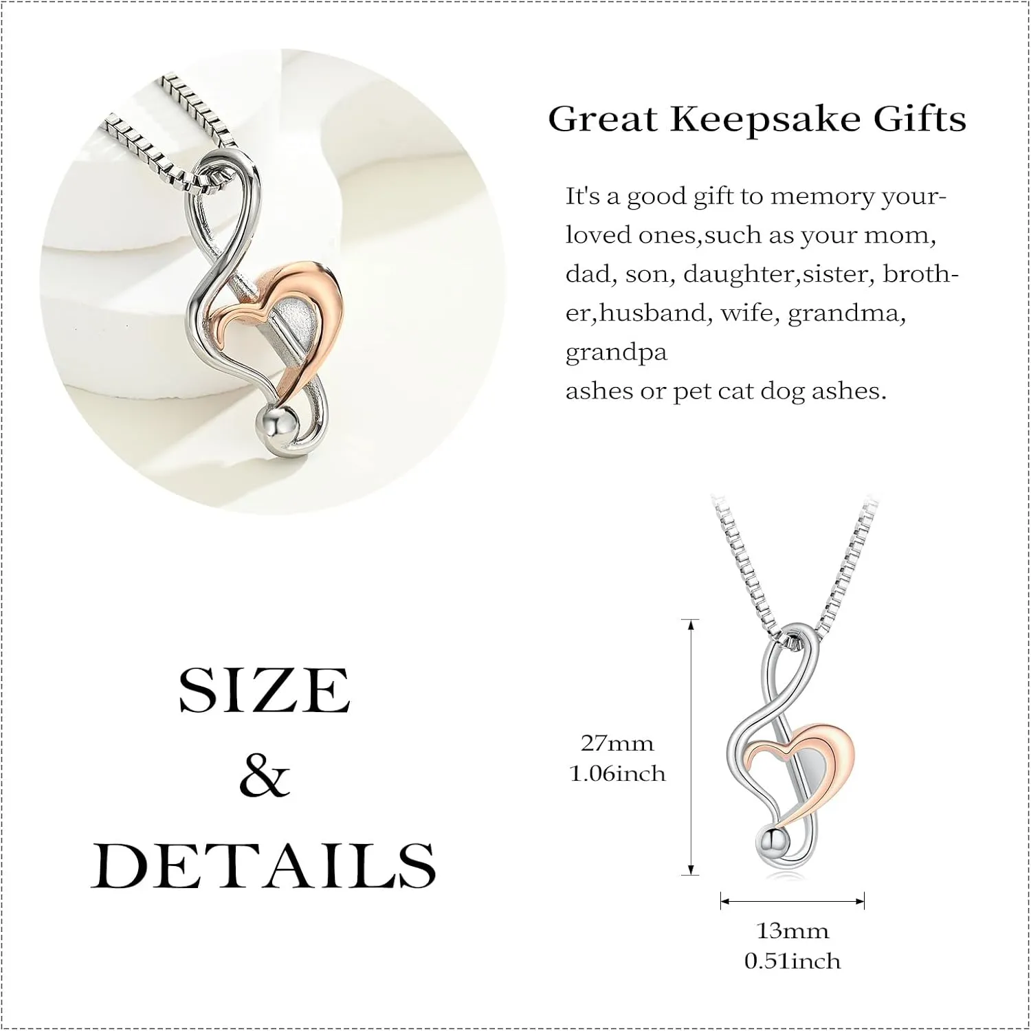 Music Note Urn Necklace for Ashes Cremation Jewelry for Women Men Stainless Steel Music Memorial Necklaces Ash Holder for Human Pets Keepsake Jewelry for Loved Ones with Fill Tool
