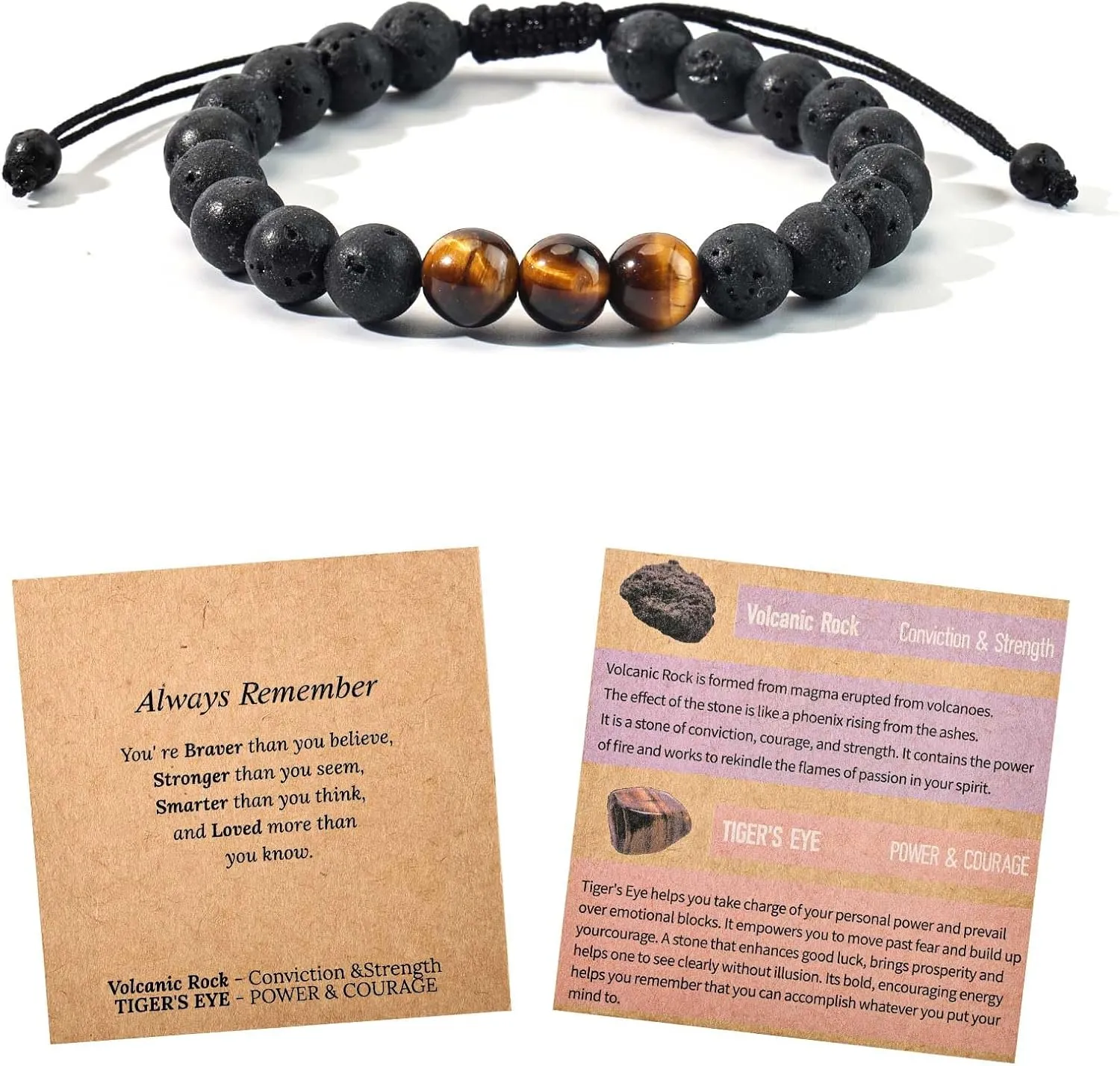 Natural Gemstone Bracelet Gift  Adjustable/Stretch Lava Stone, Tiger Eye, Moonstone & Jasper  Inspirational Jewelry with Card & Gift Box for Men, Women & Teens