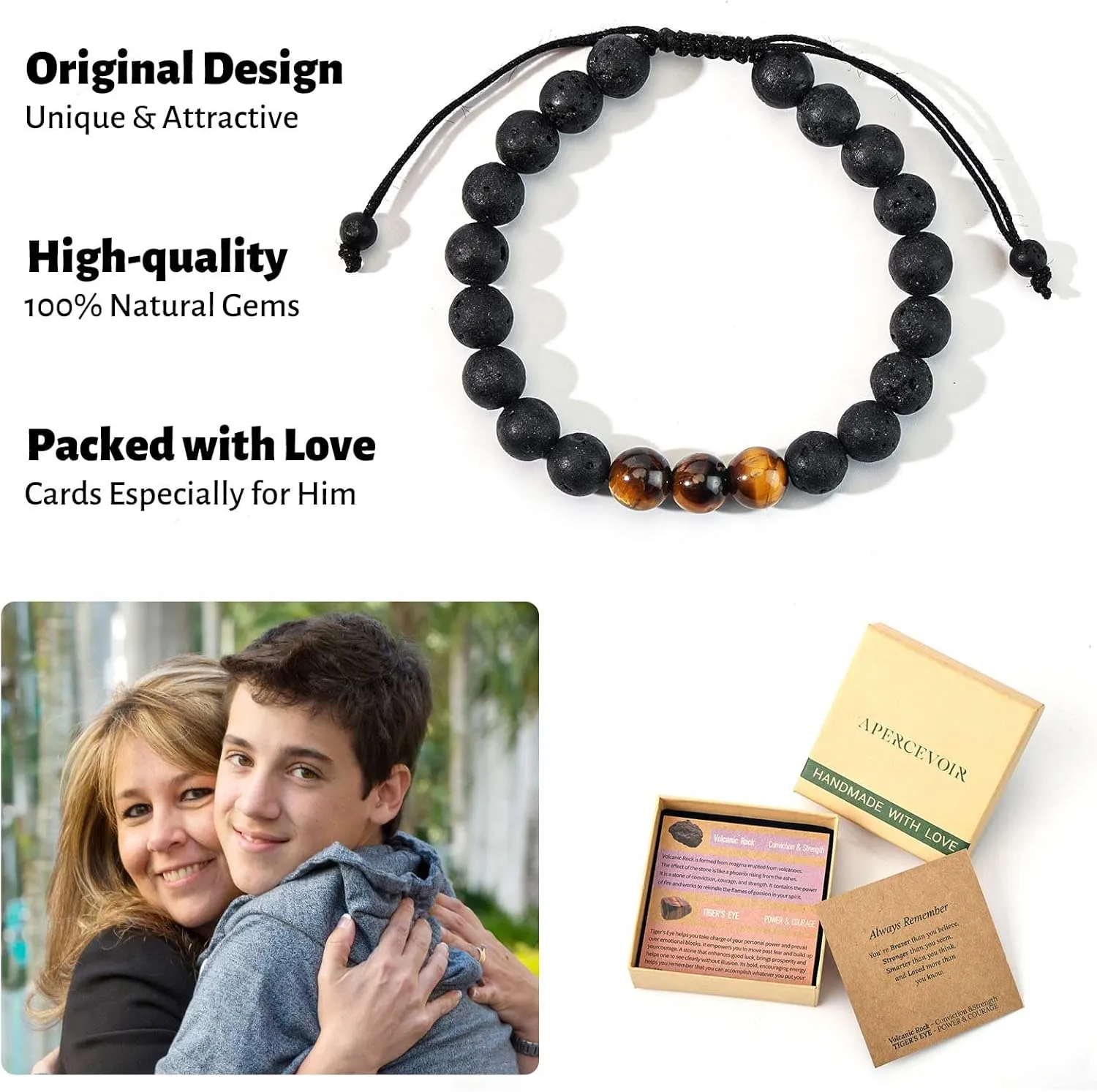 Natural Gemstone Bracelet Gift  Adjustable/Stretch Lava Stone, Tiger Eye, Moonstone & Jasper  Inspirational Jewelry with Card & Gift Box for Men, Women & Teens