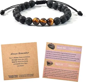 Natural Gemstone Bracelet Gift  Adjustable/Stretch Lava Stone, Tiger Eye, Moonstone & Jasper  Inspirational Jewelry with Card & Gift Box for Men, Women & Teens