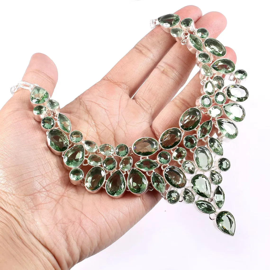 Natural Green Amethyst Vintage Bib Necklace  - 925 Sterling Silver Wedding Necklace