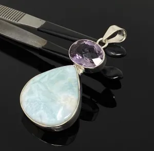 Natural Larimar and Amethyst Gemstone Pendant, Sterling Silver Jewelry