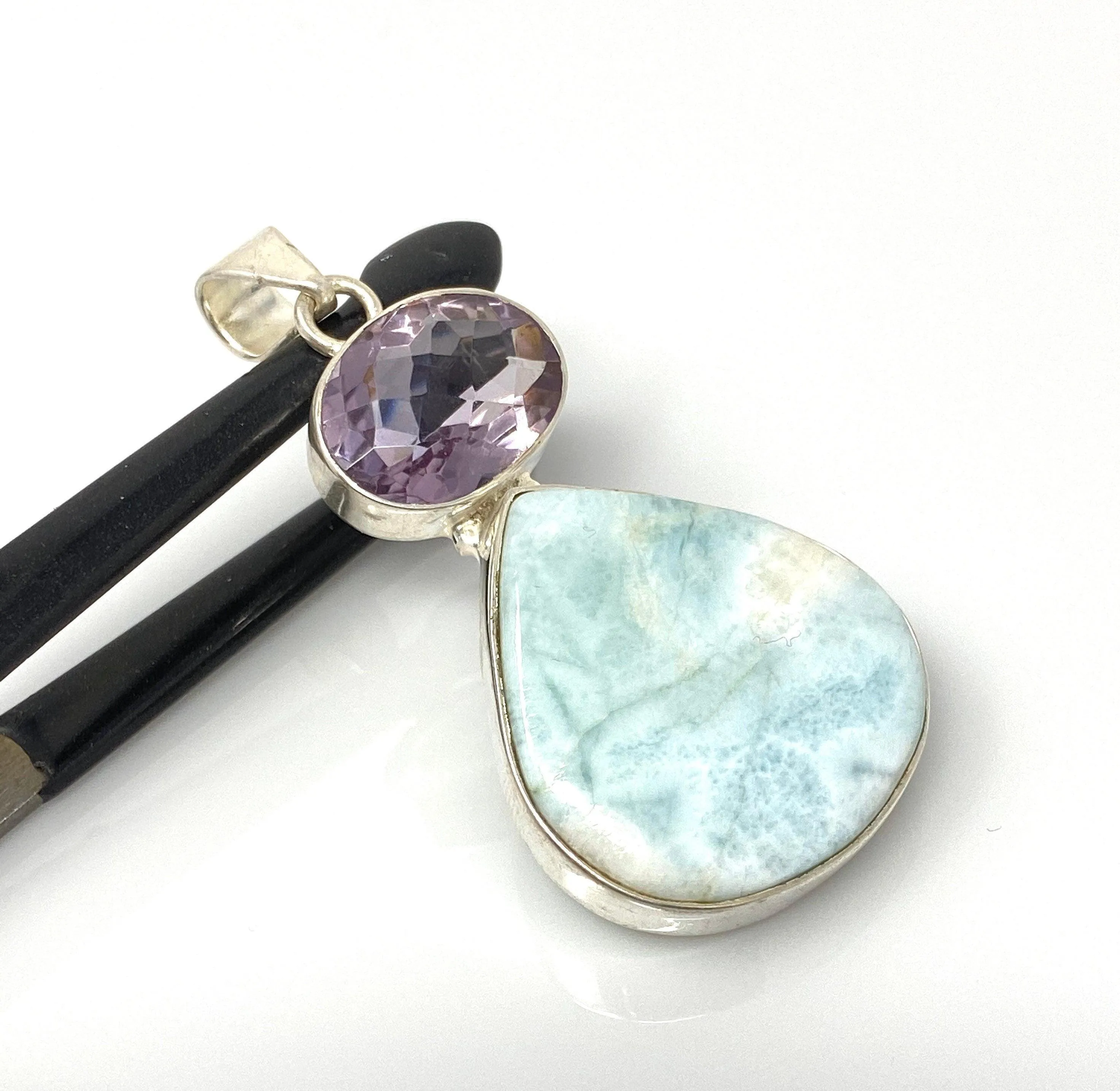 Natural Larimar and Amethyst Gemstone Pendant, Sterling Silver Jewelry