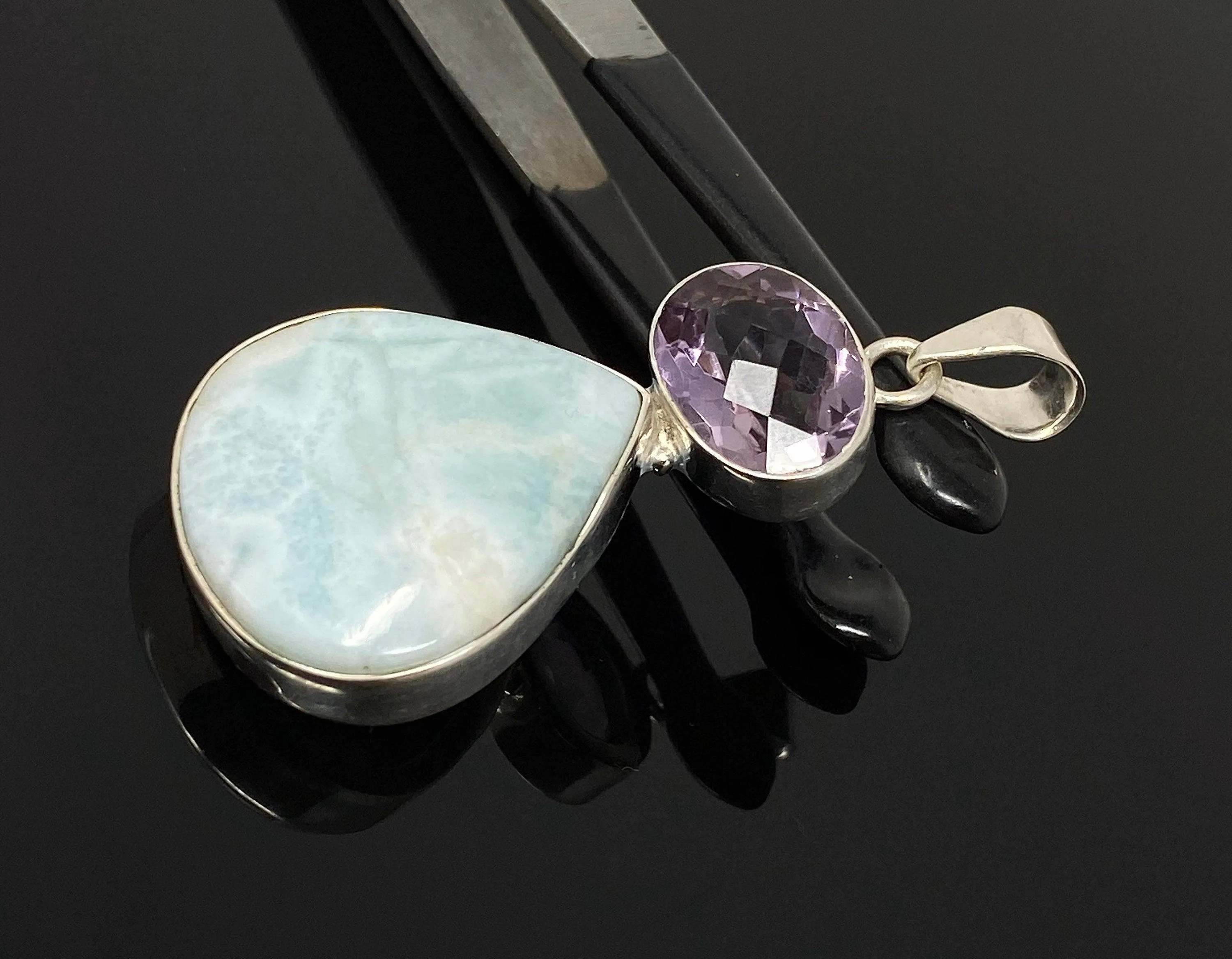 Natural Larimar and Amethyst Gemstone Pendant, Sterling Silver Jewelry