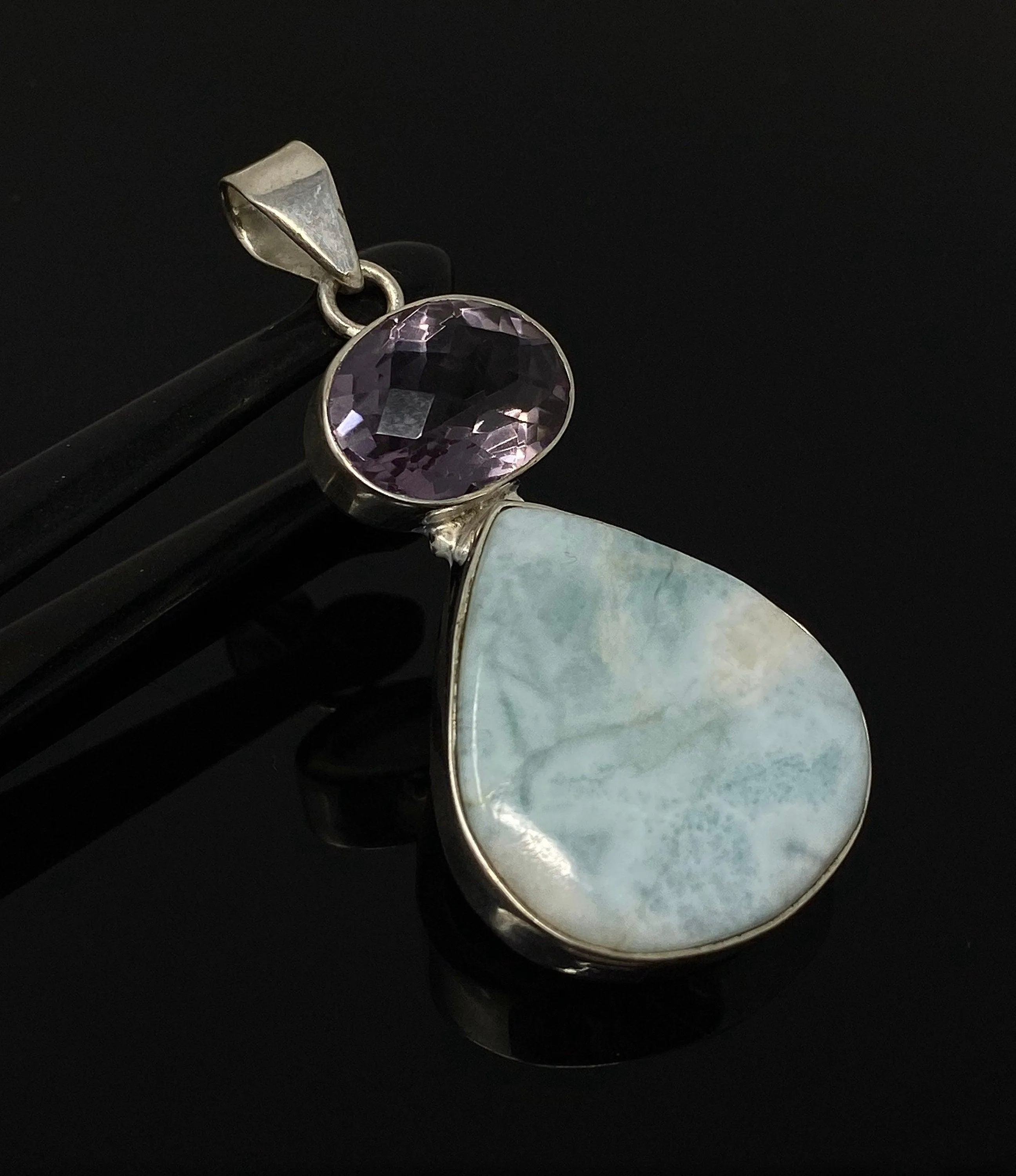 Natural Larimar and Amethyst Gemstone Pendant, Sterling Silver Jewelry