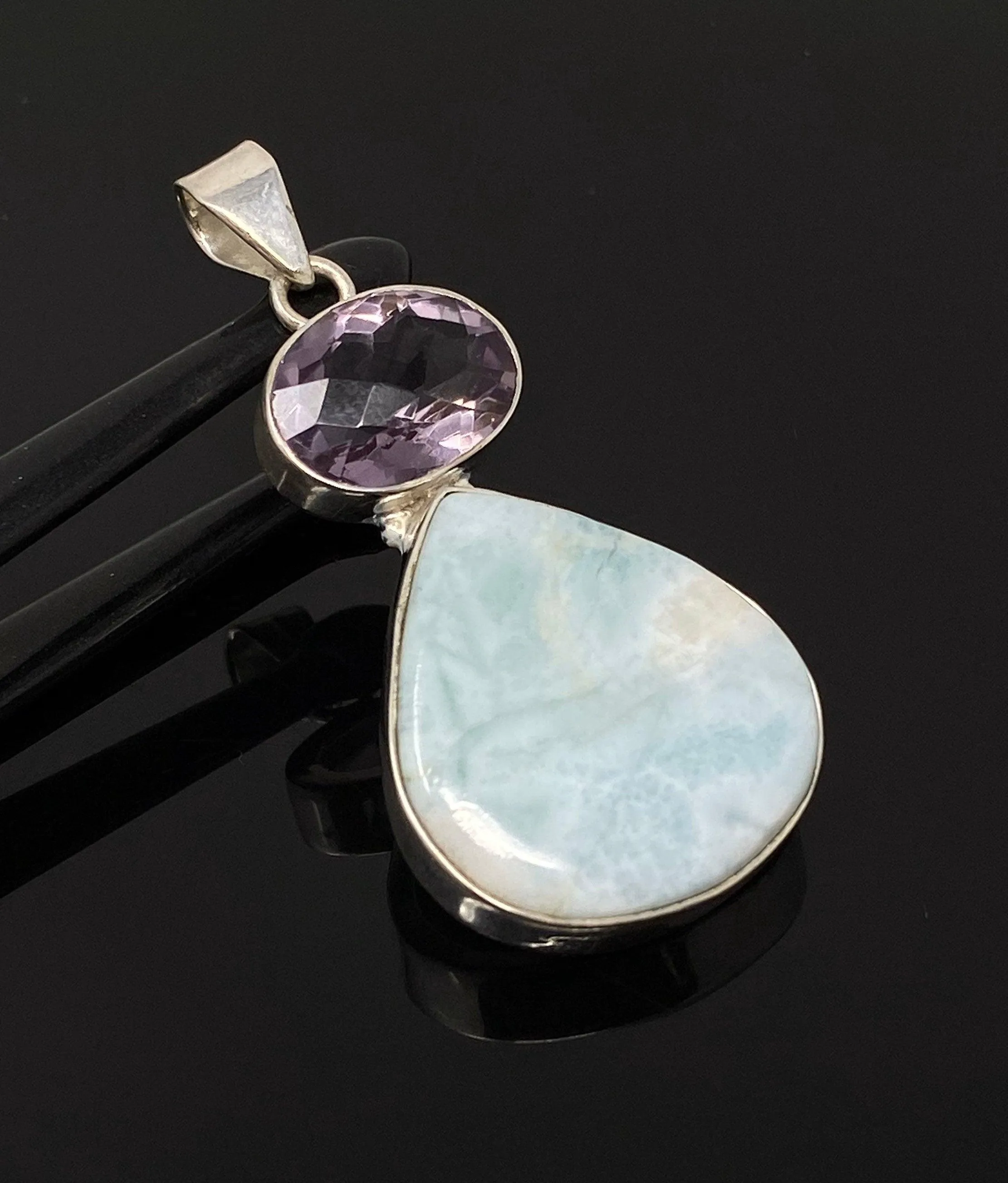 Natural Larimar and Amethyst Gemstone Pendant, Sterling Silver Jewelry