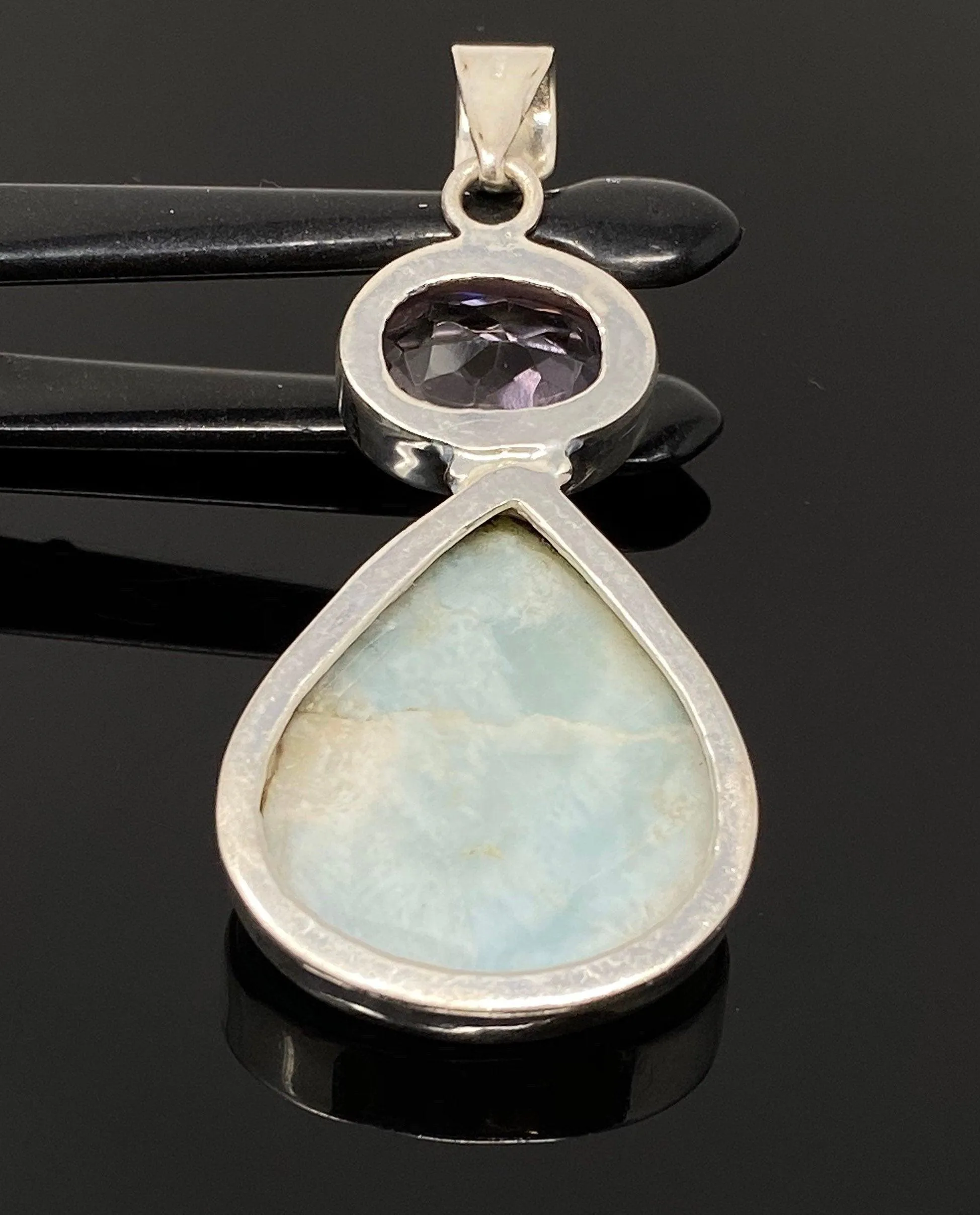 Natural Larimar and Amethyst Gemstone Pendant, Sterling Silver Jewelry