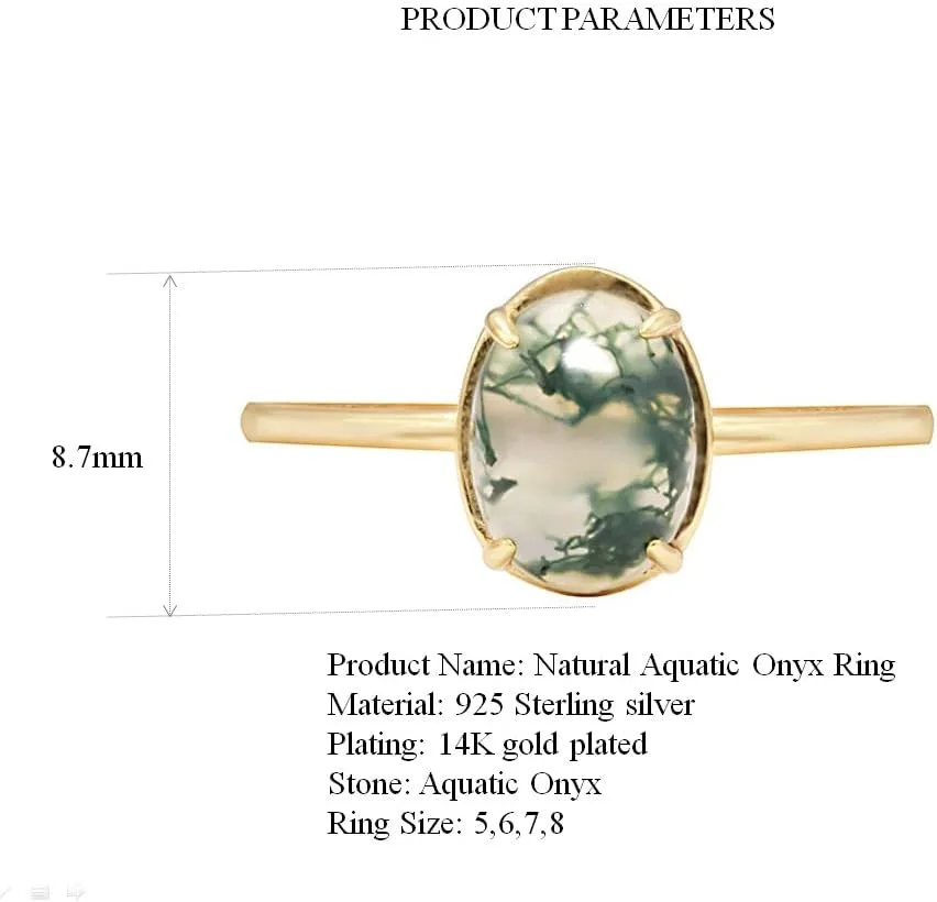 Natural Moss Agate With 14K Gold Plated Sterling Silver Rings Oval Ring Valentine Gift Vintage Retro Ring for Women