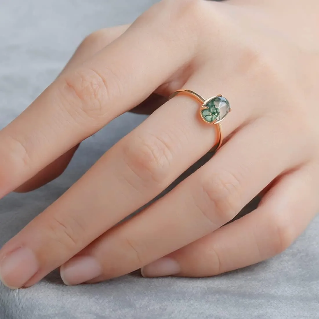 Natural Moss Agate With 14K Gold Plated Sterling Silver Rings Oval Ring Valentine Gift Vintage Retro Ring for Women