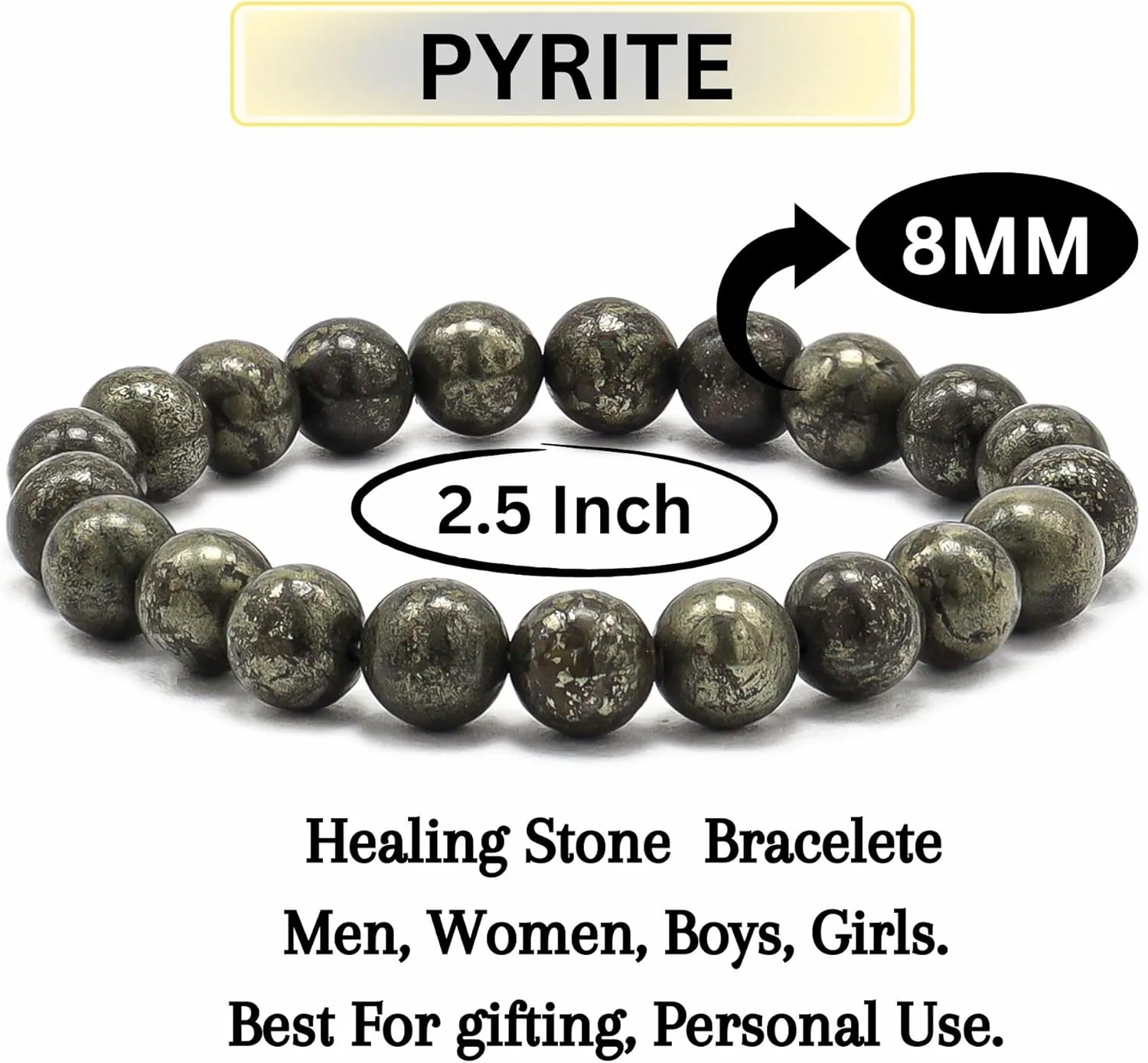 Natural Pyrite Power Bracelet Round Smooth Beads 8 mm Adjustable Bracelet Confidence Protection Concentration Spirituality and Increasing Creativity For Man Woman