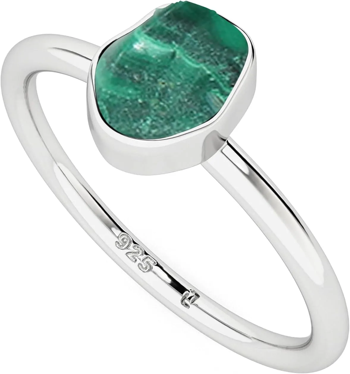 Natural Raw/Rough Malachite Stackable Ring for Women in Sterling Silver, May Birthstone Jewelry Gifts for Her (Bezel-Set)