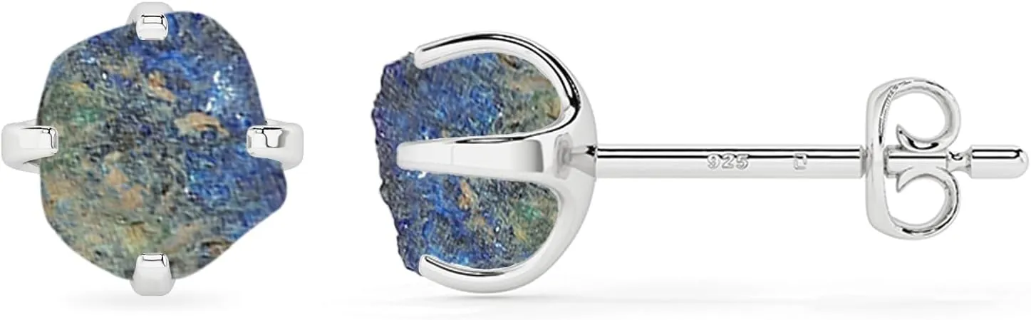 Natural Rough Azurite Malachite Stud Earrings for Women in Sterling Silver, May Birthstone Jewelry Gifts for Her Birthday, Anniversary, Graduation (Prong-Set, 6x5.5mm)