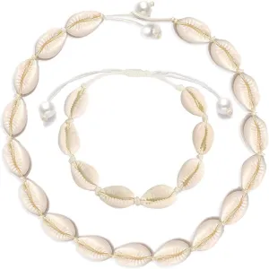 Natural Shell Necklace Bracelet Anklet Set, Handmade Adjustable Pearl Buckle Summer Boho Hawaii Beach Seashell Choker Jewelry Gift for Women Girls