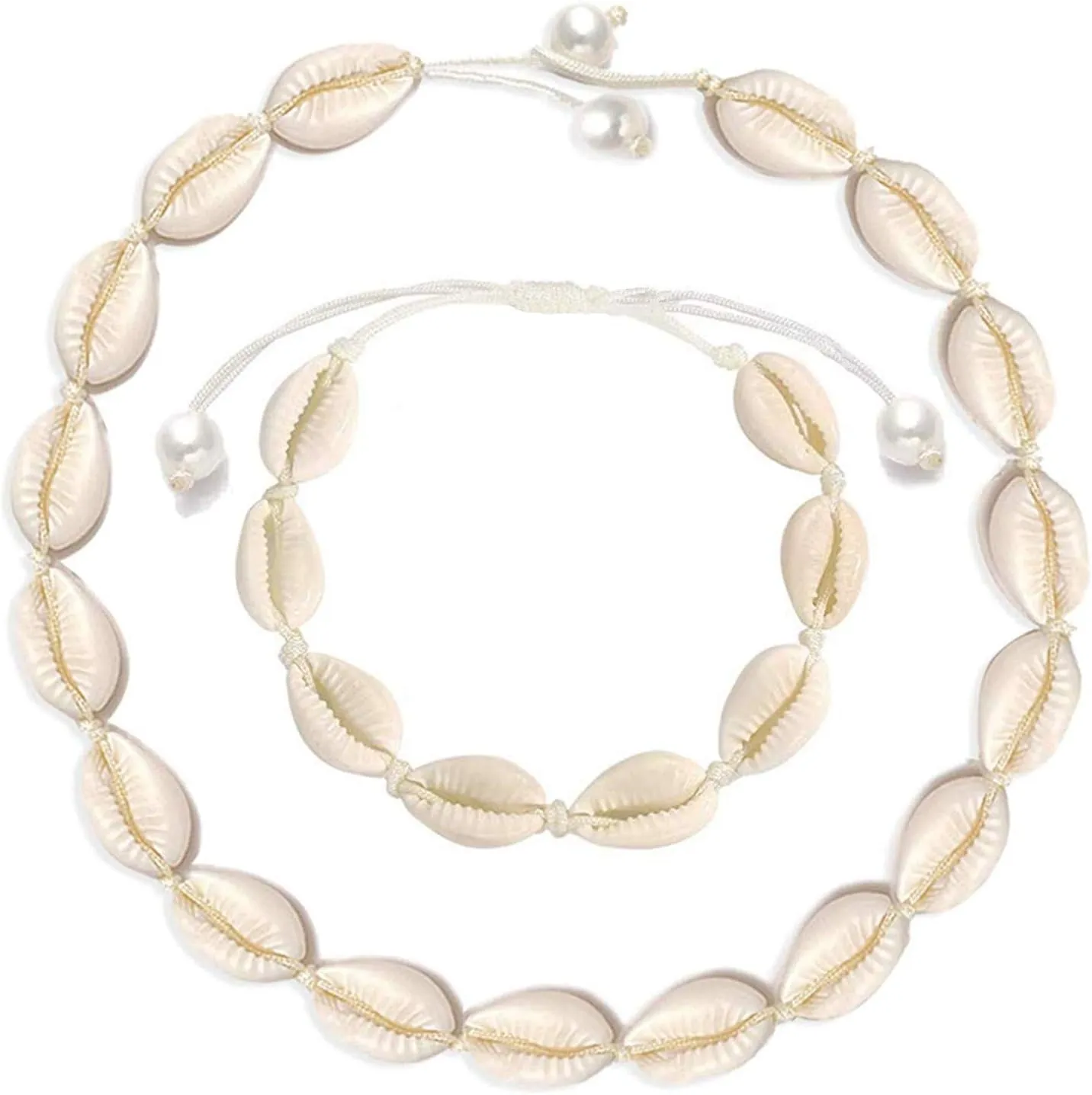 Natural Shell Necklace Bracelet Anklet Set, Handmade Adjustable Pearl Buckle Summer Boho Hawaii Beach Seashell Choker Jewelry Gift for Women Girls
