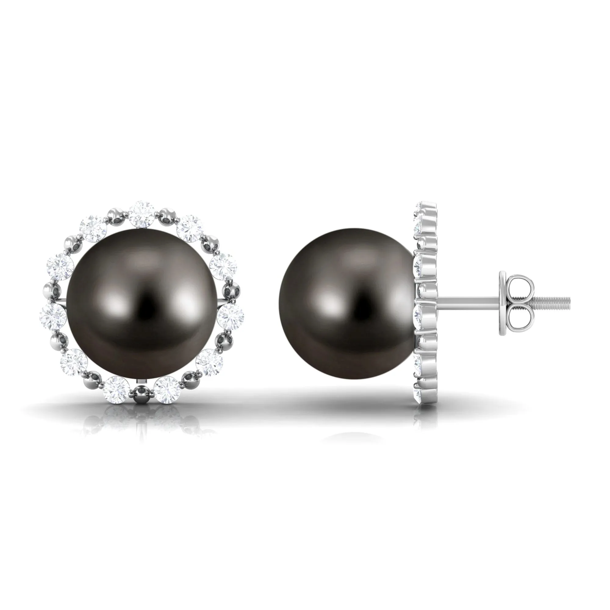 Natural Tahitian Pearl and Diamond Halo Stud Earrings