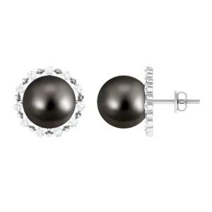 Natural Tahitian Pearl and Diamond Halo Stud Earrings