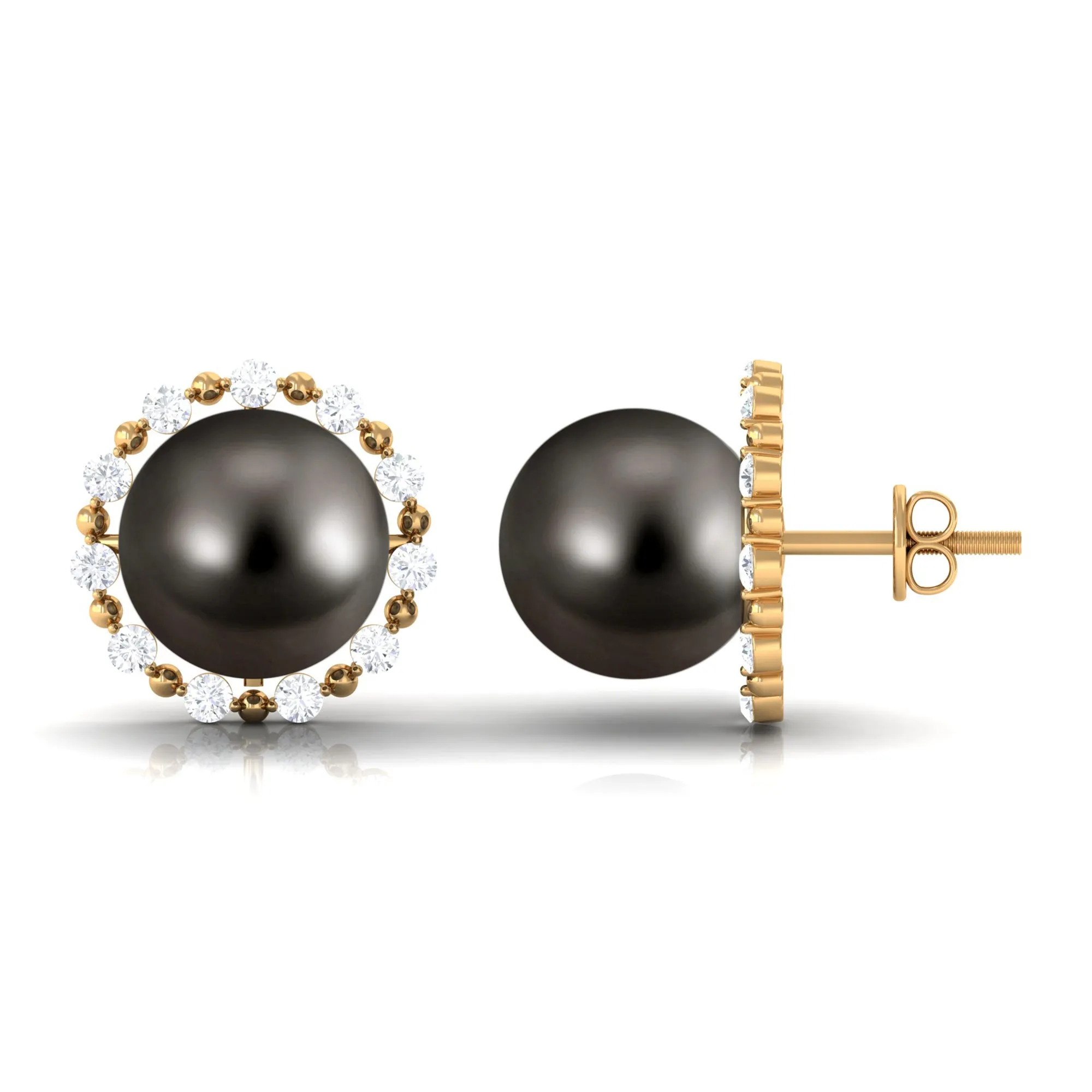 Natural Tahitian Pearl and Diamond Halo Stud Earrings