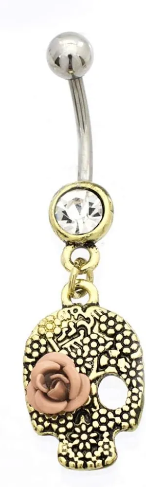 Navel Ring with Skull and Rose Design Antique Look 14g